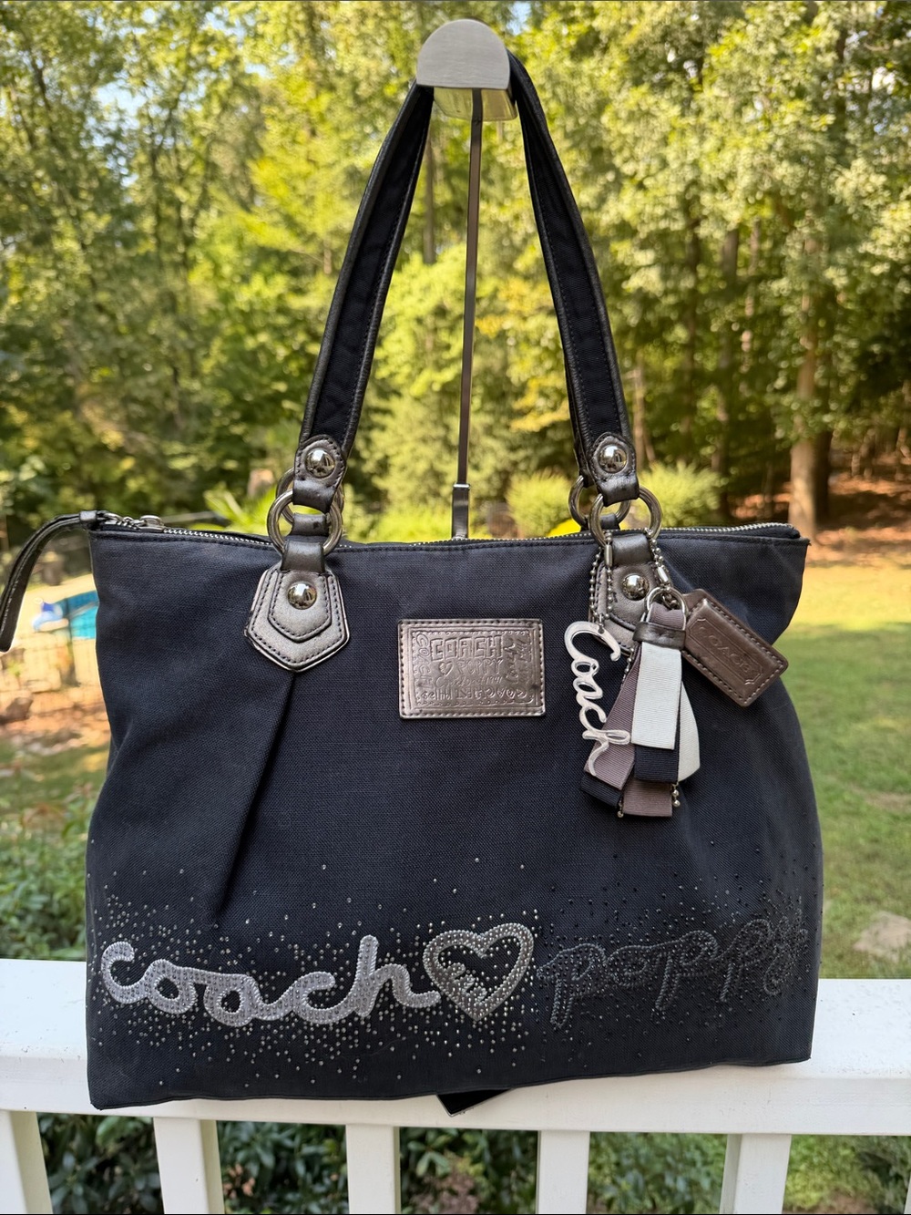 Coach Poppy Heart Black Canvas Rhinestone Tote and WRISTLET 3 HANG TAGS